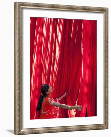 Woman in Sari Checking the Quality of Freshly Dyed Fabric Hanging to Dry, Sari Garment Factory, Raj-Gavin Hellier-Framed Photographic Print