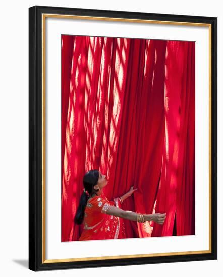 Woman in Sari Checking the Quality of Freshly Dyed Fabric Hanging to Dry, Sari Garment Factory, Raj-Gavin Hellier-Framed Photographic Print