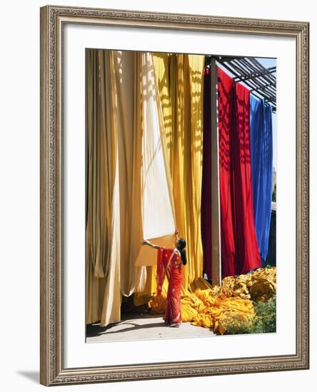 Woman in Sari Checking the Quality of Freshly Dyed Fabric Hanging to Dry, Sari Garment Factory, Raj-Gavin Hellier-Framed Photographic Print