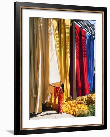 Woman in Sari Checking the Quality of Freshly Dyed Fabric Hanging to Dry, Sari Garment Factory, Raj-Gavin Hellier-Framed Photographic Print