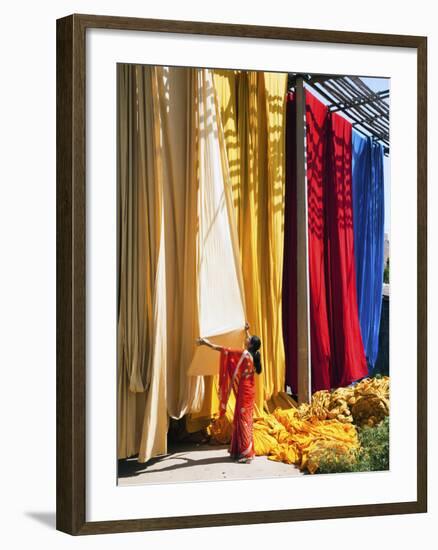 Woman in Sari Checking the Quality of Freshly Dyed Fabric Hanging to Dry, Sari Garment Factory, Raj-Gavin Hellier-Framed Photographic Print
