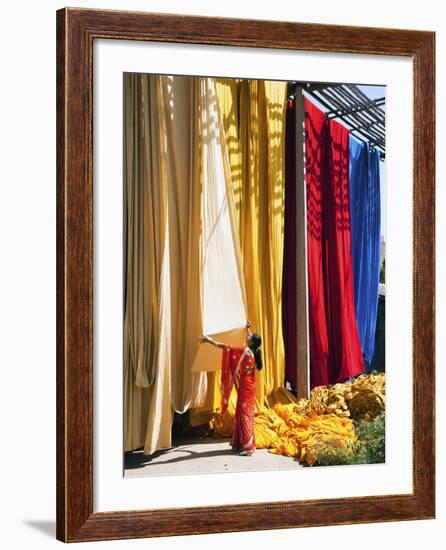 Woman in Sari Checking the Quality of Freshly Dyed Fabric Hanging to Dry, Sari Garment Factory, Raj-Gavin Hellier-Framed Photographic Print