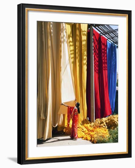 Woman in Sari Checking the Quality of Freshly Dyed Fabric Hanging to Dry, Sari Garment Factory, Raj-Gavin Hellier-Framed Photographic Print