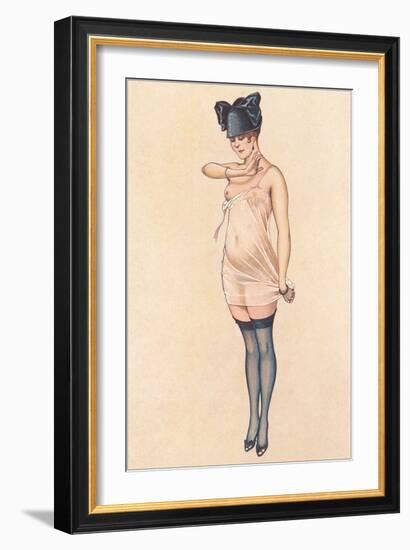 Woman in Sheer Slip with Black Stockings-null-Framed Art Print