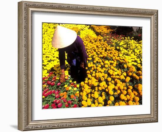 Woman in Straw Hat and Flowers, Mekong Delta, Vietnam-Bill Bachmann-Framed Photographic Print