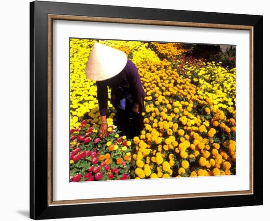 Woman in Straw Hat and Flowers, Mekong Delta, Vietnam-Bill Bachmann-Framed Photographic Print