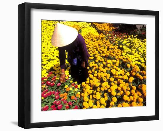 Woman in Straw Hat and Flowers, Mekong Delta, Vietnam-Bill Bachmann-Framed Photographic Print