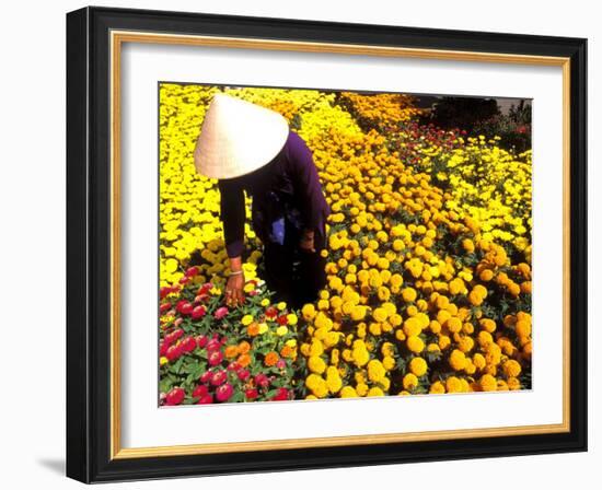 Woman in Straw Hat and Flowers, Mekong Delta, Vietnam-Bill Bachmann-Framed Photographic Print