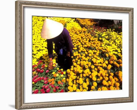 Woman in Straw Hat and Flowers, Mekong Delta, Vietnam-Bill Bachmann-Framed Photographic Print