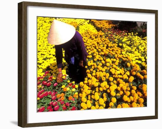Woman in Straw Hat and Flowers, Mekong Delta, Vietnam-Bill Bachmann-Framed Photographic Print