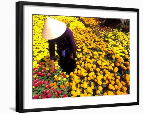 Woman in Straw Hat and Flowers, Mekong Delta, Vietnam-Bill Bachmann-Framed Photographic Print