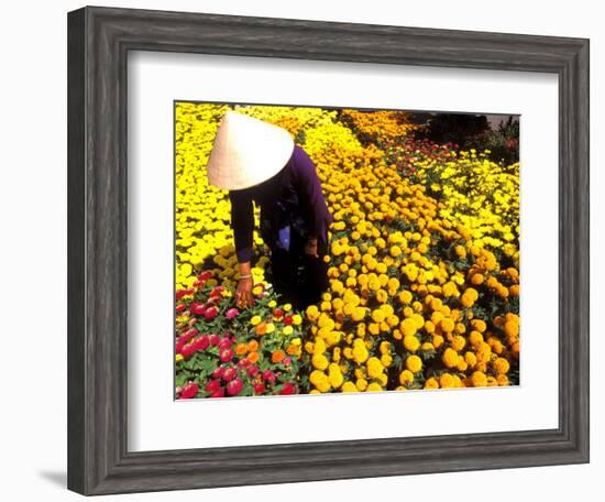 Woman in Straw Hat and Flowers, Mekong Delta, Vietnam-Bill Bachmann-Framed Photographic Print