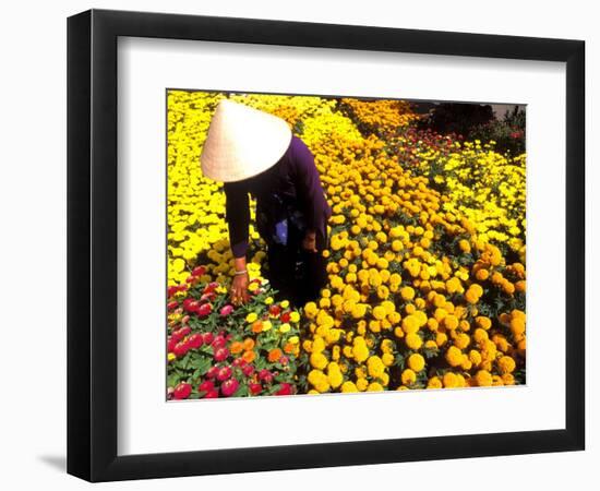 Woman in Straw Hat and Flowers, Mekong Delta, Vietnam-Bill Bachmann-Framed Photographic Print