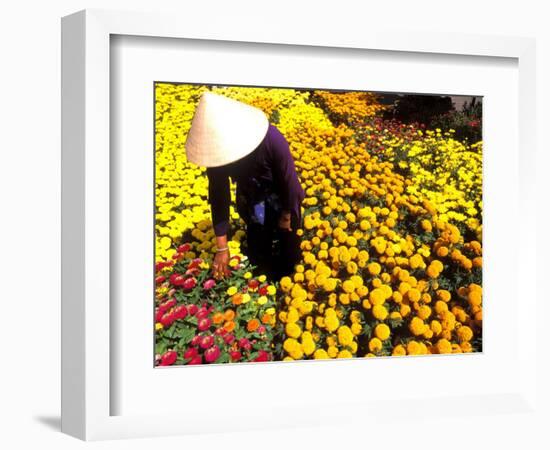 Woman in Straw Hat and Flowers, Mekong Delta, Vietnam-Bill Bachmann-Framed Photographic Print