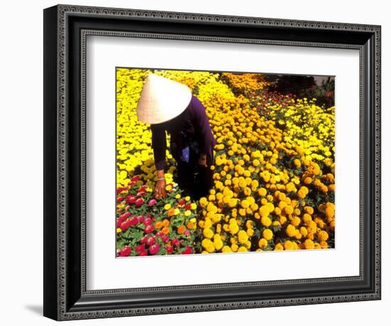 Woman in Straw Hat and Flowers, Mekong Delta, Vietnam-Bill Bachmann-Framed Photographic Print