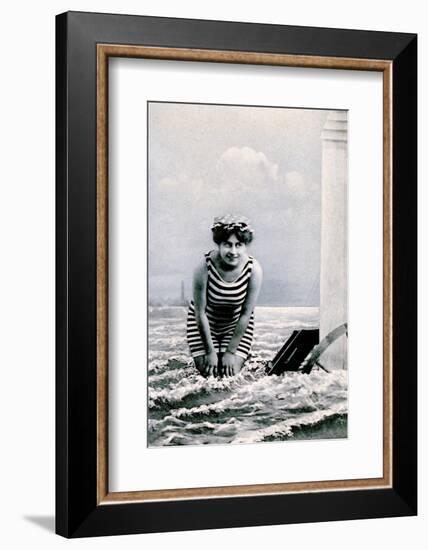 Woman in swimsuit antique postcard-French School-Framed Photographic Print