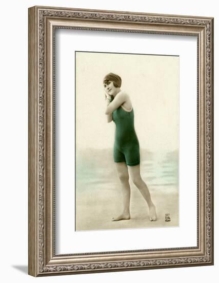 Woman in swimsuit, circa early 1900s antique postcard-French School-Framed Photographic Print