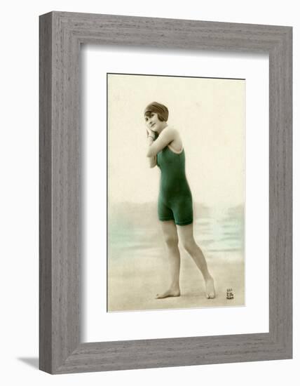 Woman in swimsuit, circa early 1900s antique postcard-French School-Framed Photographic Print