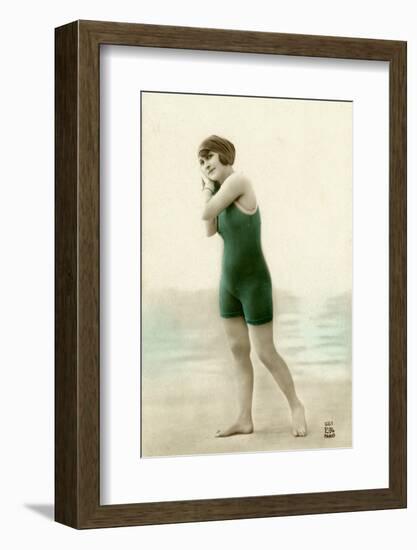 Woman in swimsuit, circa early 1900s antique postcard-French School-Framed Photographic Print