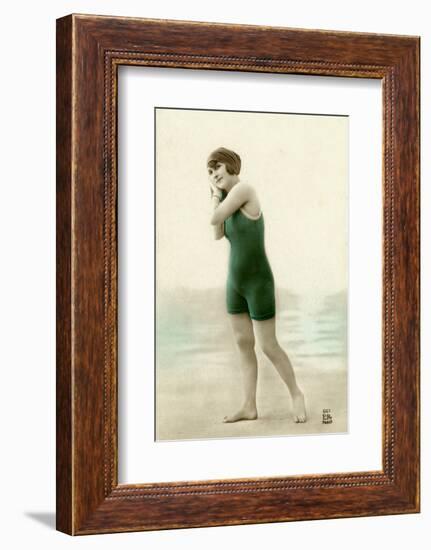 Woman in swimsuit, circa early 1900s antique postcard-French School-Framed Photographic Print