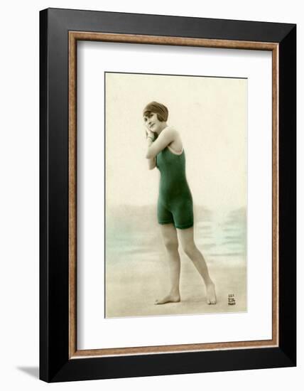 Woman in swimsuit, circa early 1900s antique postcard-French School-Framed Photographic Print