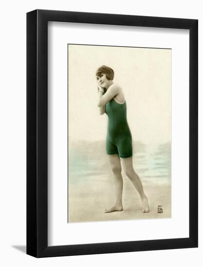 Woman in swimsuit, circa early 1900s antique postcard-French School-Framed Photographic Print