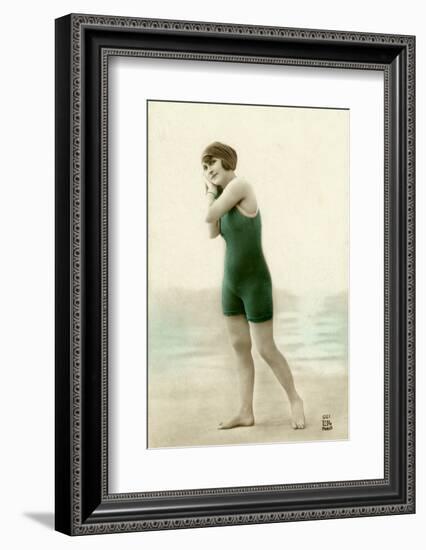 Woman in swimsuit, circa early 1900s antique postcard-French School-Framed Photographic Print