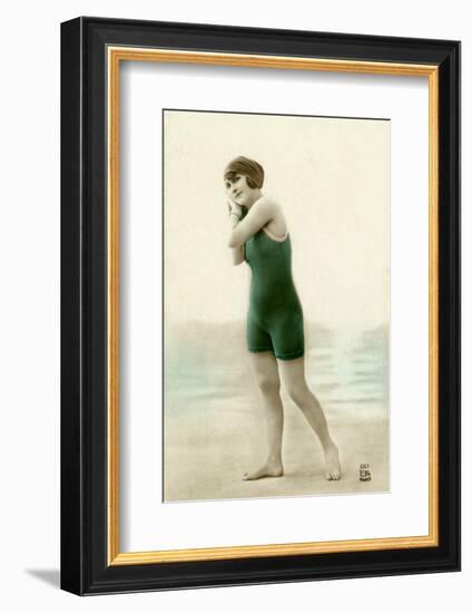 Woman in swimsuit, circa early 1900s antique postcard-French School-Framed Photographic Print