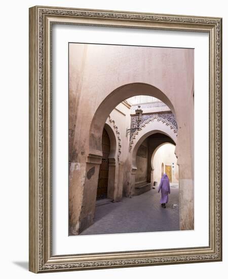 Woman in Traditional Djellaba Dress in Narrow Streets of Old Quarter, Medina, Marrakesh, Morocco-Stephen Studd-Framed Photographic Print