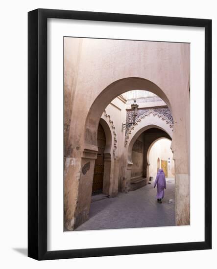 Woman in Traditional Djellaba Dress in Narrow Streets of Old Quarter, Medina, Marrakesh, Morocco-Stephen Studd-Framed Photographic Print