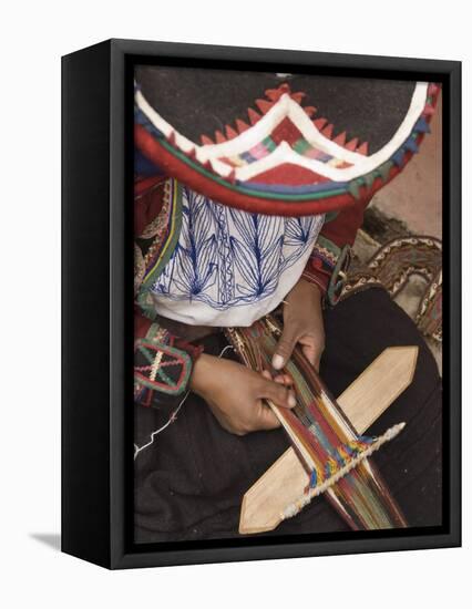 Woman in Traditional Dress and Hat, Weaving with Backstrap Loom, Chinchero, Cuzco, Peru-Merrill Images-Framed Premier Image Canvas