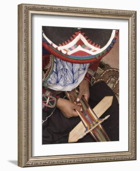 Woman in Traditional Dress and Hat, Weaving with Backstrap Loom, Chinchero, Cuzco, Peru-Merrill Images-Framed Photographic Print