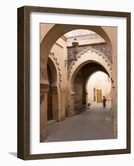 Woman in Traditional Dress Walking in Narrow Side Streets, Old Quarter, Medina, Marrakesh, Morocco-Stephen Studd-Framed Photographic Print