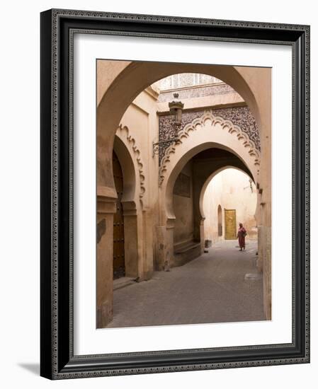 Woman in Traditional Dress Walking in Narrow Side Streets, Old Quarter, Medina, Marrakesh, Morocco-Stephen Studd-Framed Photographic Print
