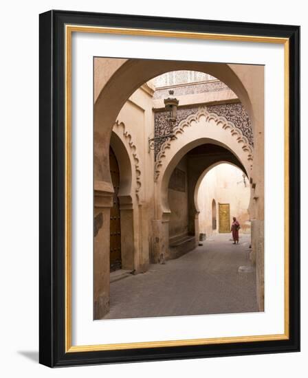 Woman in Traditional Dress Walking in Narrow Side Streets, Old Quarter, Medina, Marrakesh, Morocco-Stephen Studd-Framed Photographic Print