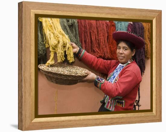 Woman in Traditional Dress, Wool Dyed Before Weaving, Chinchero, Cuzco, Peru-Merrill Images-Framed Premier Image Canvas