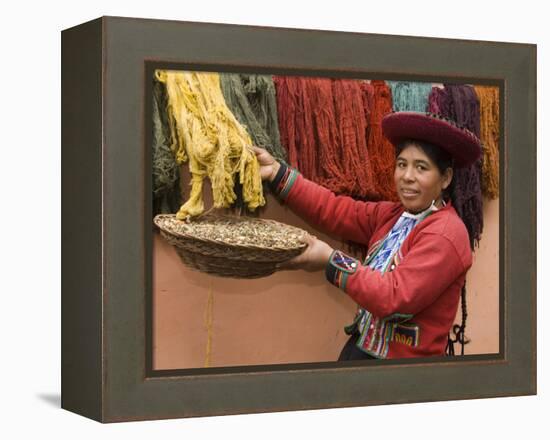 Woman in Traditional Dress, Wool Dyed Before Weaving, Chinchero, Cuzco, Peru-Merrill Images-Framed Premier Image Canvas