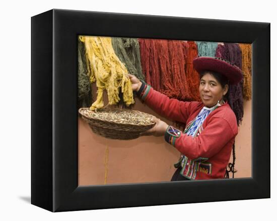 Woman in Traditional Dress, Wool Dyed Before Weaving, Chinchero, Cuzco, Peru-Merrill Images-Framed Premier Image Canvas