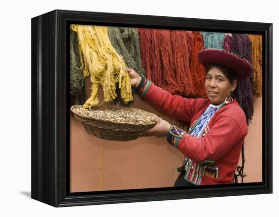 Woman in Traditional Dress, Wool Dyed Before Weaving, Chinchero, Cuzco, Peru-Merrill Images-Framed Premier Image Canvas