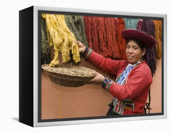 Woman in Traditional Dress, Wool Dyed Before Weaving, Chinchero, Cuzco, Peru-Merrill Images-Framed Premier Image Canvas