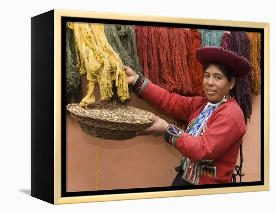 Woman in Traditional Dress, Wool Dyed Before Weaving, Chinchero, Cuzco, Peru-Merrill Images-Framed Premier Image Canvas