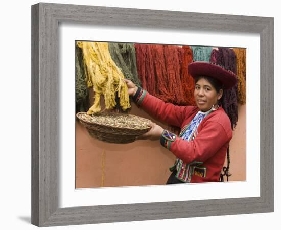 Woman in Traditional Dress, Wool Dyed Before Weaving, Chinchero, Cuzco, Peru-Merrill Images-Framed Photographic Print