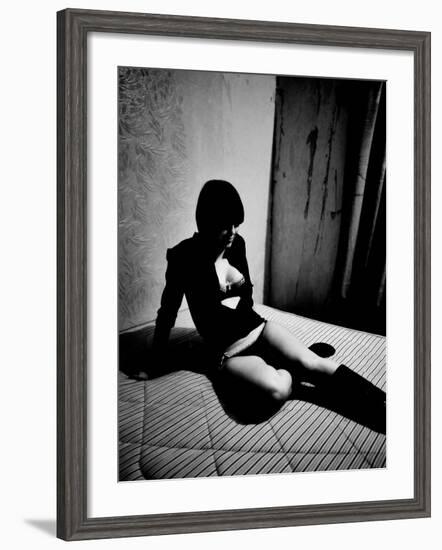 Woman in underwear on Bare Mattress-Phil Sharp-Framed Photographic Print