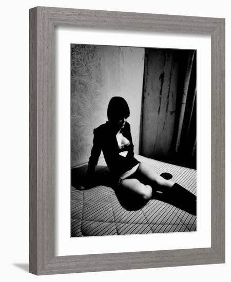 Woman in underwear on Bare Mattress-Phil Sharp-Framed Photographic Print