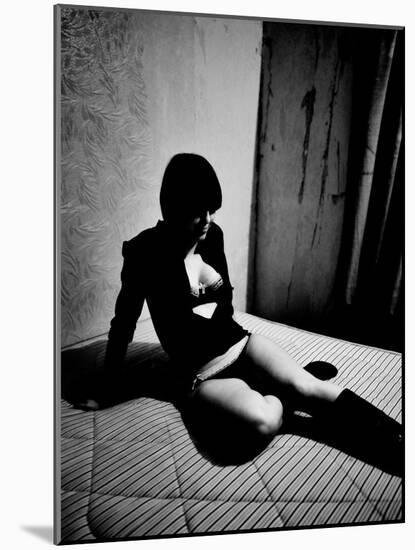 Woman in underwear on Bare Mattress-Phil Sharp-Mounted Photographic Print