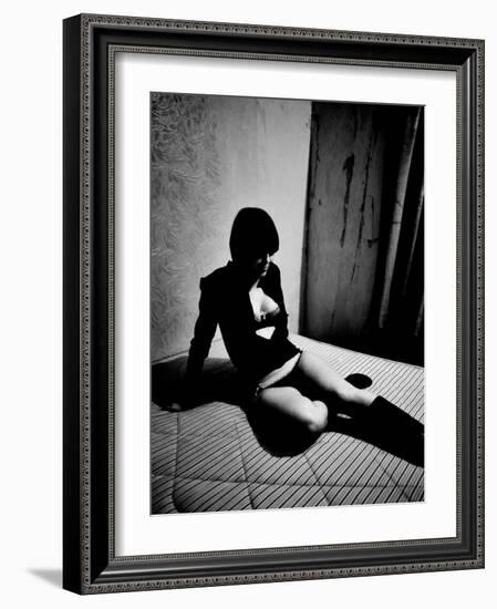 Woman in underwear on Bare Mattress-Phil Sharp-Framed Photographic Print