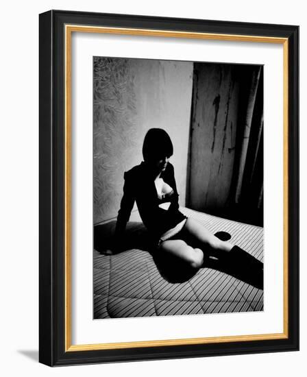 Woman in underwear on Bare Mattress-Phil Sharp-Framed Photographic Print