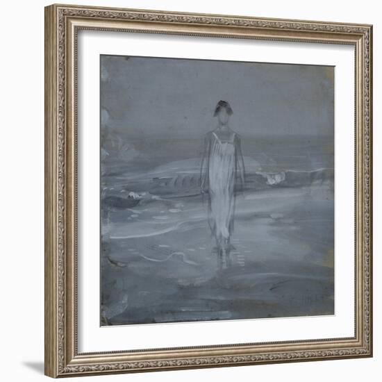 Woman in White Dress Walking at Water's Edge by the Sea-Francesco Paolo Michetti-Framed Art Print