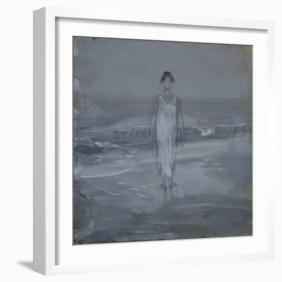 Woman in White Dress Walking at Water's Edge by the Sea-Francesco Paolo Michetti-Framed Art Print