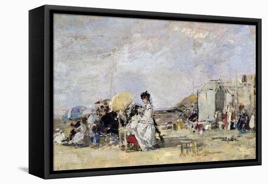 Woman in White on the Beach at Trouville, 1869-Eugène Boudin-Framed Premier Image Canvas